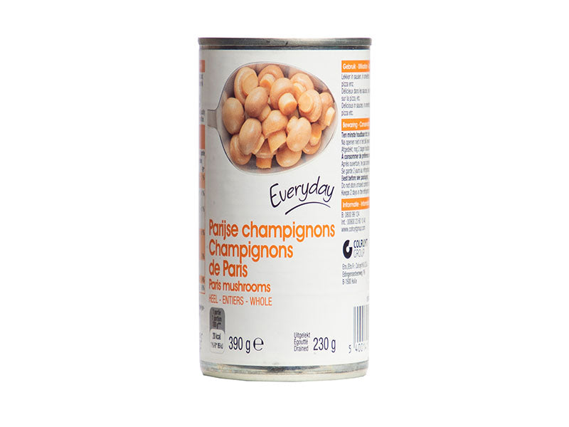 Whole champignon mushrooms can, front label with pictured mushrooms and net weight 390 g