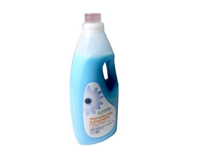Sta-Soft fabric softener bottle, blue backside with flower graphic and light text panel