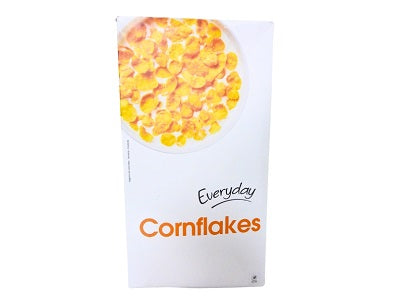 Cornflakes cereal box with bowl graphic and orange brand text, 750 g