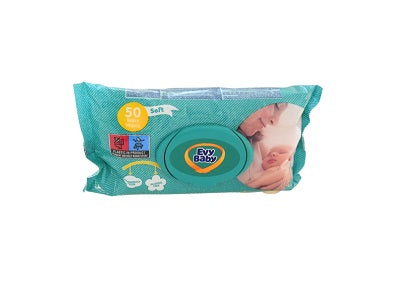 Evy Baby baby wipes pack, teal, 50 wipes, with soft seal and baby face photo