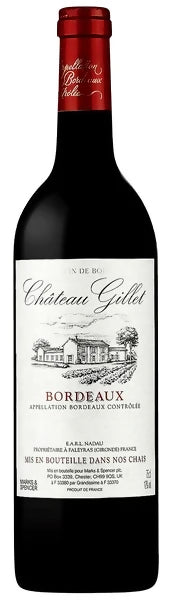 Chateau Gillet Bordeaux wine bottle with red foil cap and illustrated label