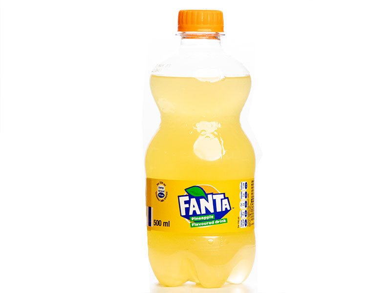 Fanta pineapple flavored soft drink bottle, 500 ml, orange cap, yellow bottle