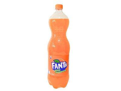 1.5L Fanta orange flavored soda bottle, orange label and cap