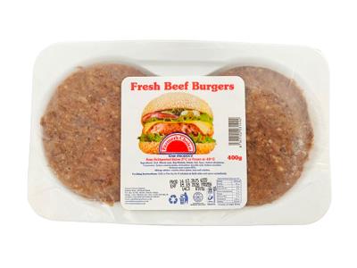 Farmer Choice fresh beef burger patty in sealed foam tray, raw ground beef