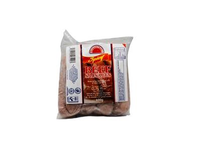 Spicy beef sausages packaged in clear bag, 400 g label front