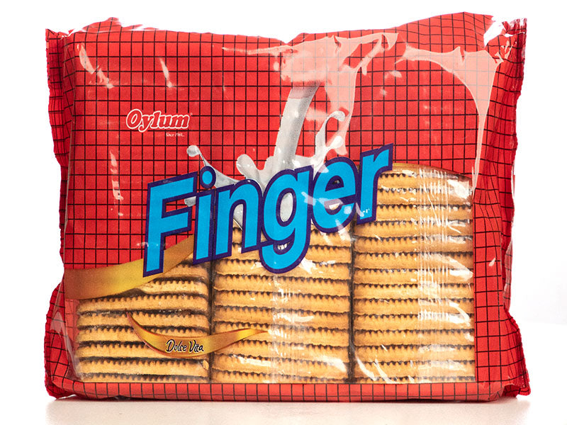 Finger biscuit pack, red grid design with layers of golden biscuits in clear window
