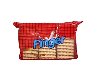 Finger biscuit pack in red bag with row of rectangular biscuits