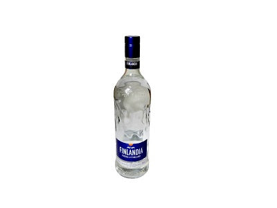 Finlandia vodka bottle, 1 L, clear glass with blue cap and blue label