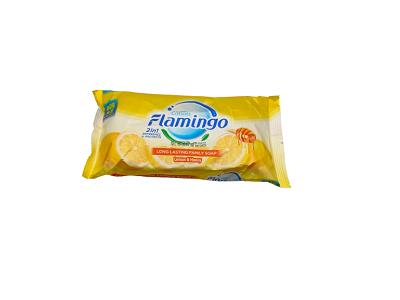 Flamingo 2 in 1 marula oil & honey soap bar in yellow packaging