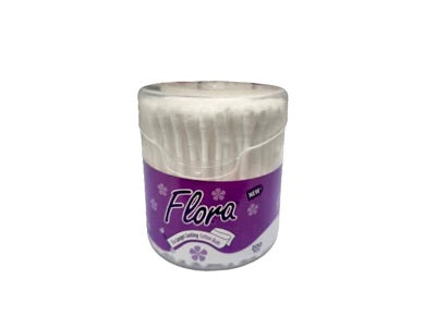 Flora white cotton ear buds in purple-labeled clear container, 200 pcs