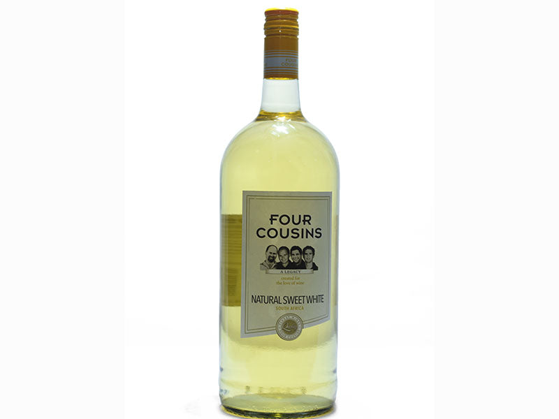 Four Cousins sweet white wine bottle, 1.5L with cream-colored liquid