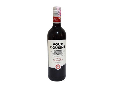 Four Cousins sweet red wine bottle in dark glass with label and pink foil cap