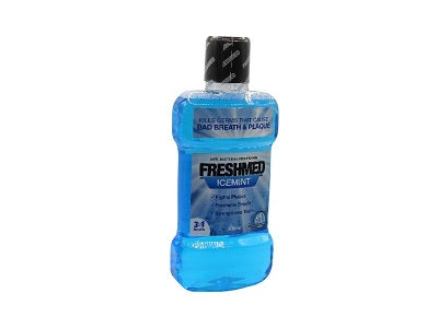 Freshmed Icemint mouthwash bottle, 500 ml, blue liquid