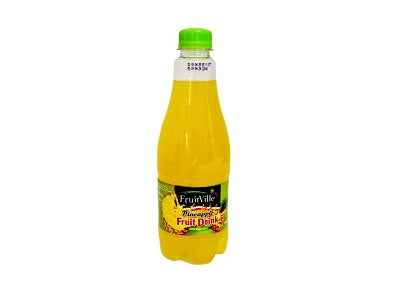 FruitVille tropical juice bottle with green cap and yellow liquid