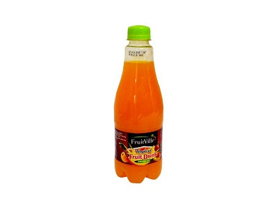 FruitVille orange fruit drink PET bottle with green cap and fruit graphics