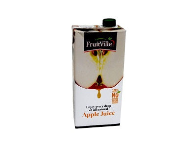 FruitVille Apple Juice carton with green cap and apple slice graphic