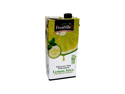 FruitVille Lemon Juice carton with green cap and lemon slice graphic