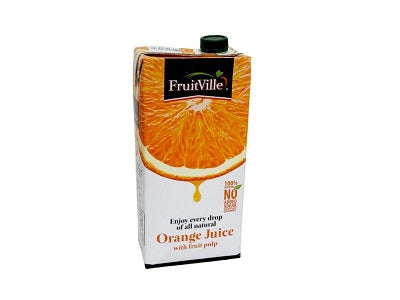 FruitVille Orange Juice carton with green cap and orange slice graphic