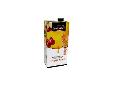 FruitVille tropical juice carton with fruit and orange graphics