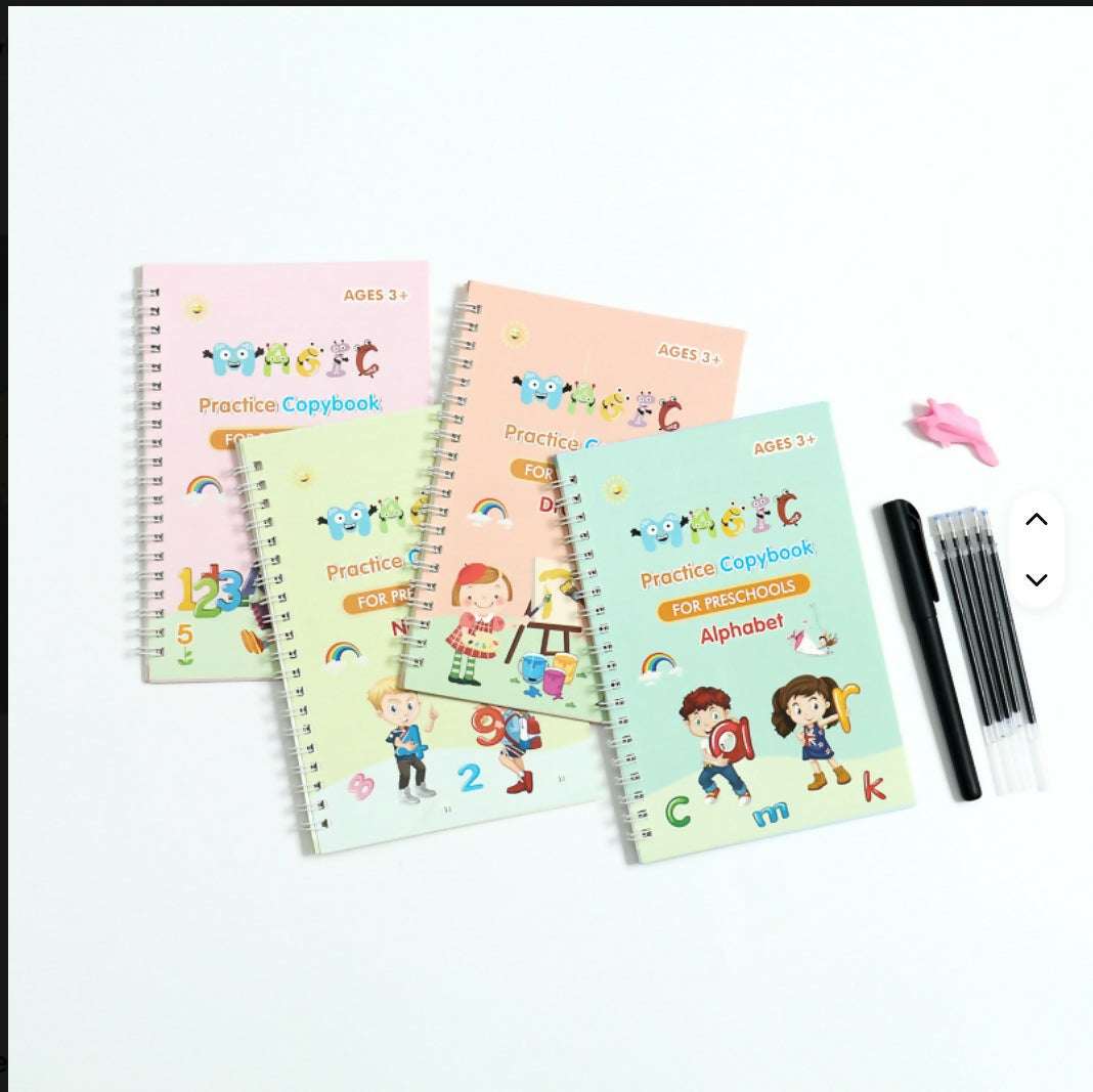 Pastel practice copybooks with spiral binding, colorful alphabet and numbers covers