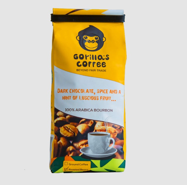 Gorilla's Coffee dark roast 100% Arabica Bourbon coffee bag with flavor notes