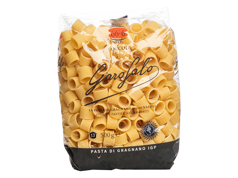 Garafalo boccole pasta, 500 g bag of short ridged shell pasta in golden color