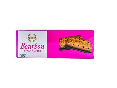 Bourbon cream biscuits pack with golden cookies on a white and pink box
