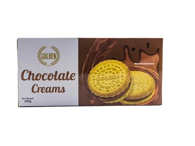 Chocolate cream biscuits 200g pack with two golden sandwich cookies