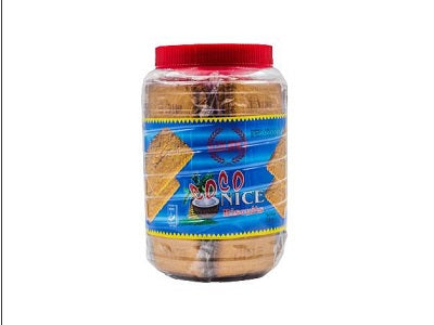 Coco Nice biscuits jar with blue label and stacked golden crackers inside