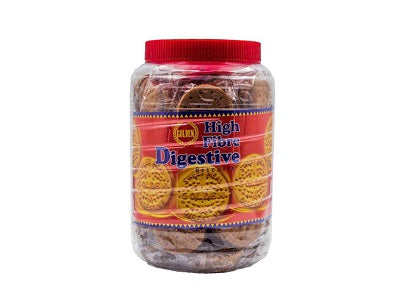 Digestive biscuits jar with red lid and golden round biscuits inside