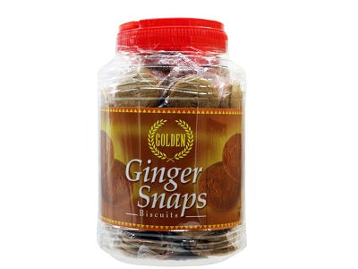 Ginger snaps biscuits jar with red lid and stacked spiced cookies inside