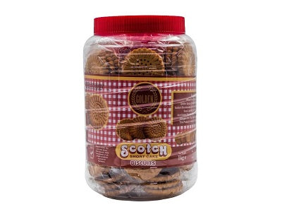 Scotch biscuits jar with red lid and round patterned biscuits inside