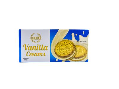 Vanilla cream biscuit pack with blue wrapper and round filled cookies