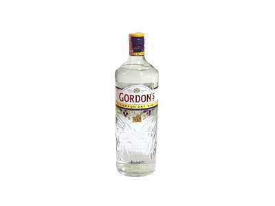 Gordon's London dry gin bottle, clear glass with yellow cap and front label
