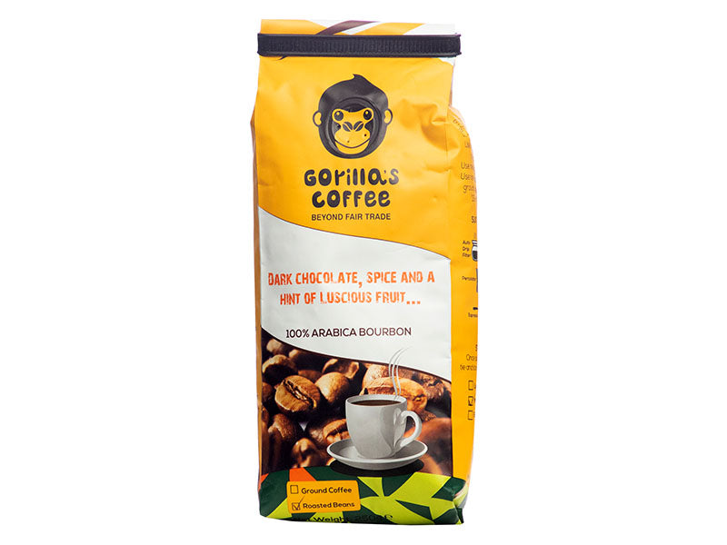 Gorilla's Coffee roasted coffee beans 250g bag, yellow with gorilla logo