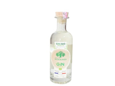 Organic gin bottle, clear glass with cork and front label
