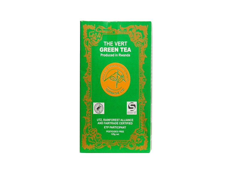 Green tea package, green pouch with tea brand label and product details