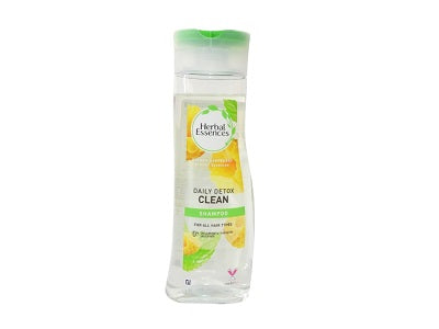 Herbal Essences daily detox clean shampoo bottle, clear with green cap