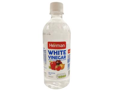 Herman white vinegar bottle, clear plastic with light label and red cap, 473 ml