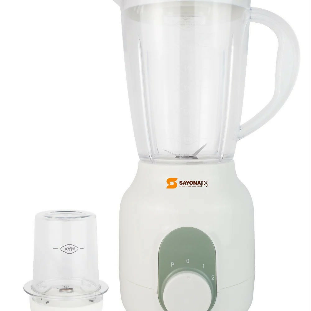 White countertop blender with clear blending jar and control dial