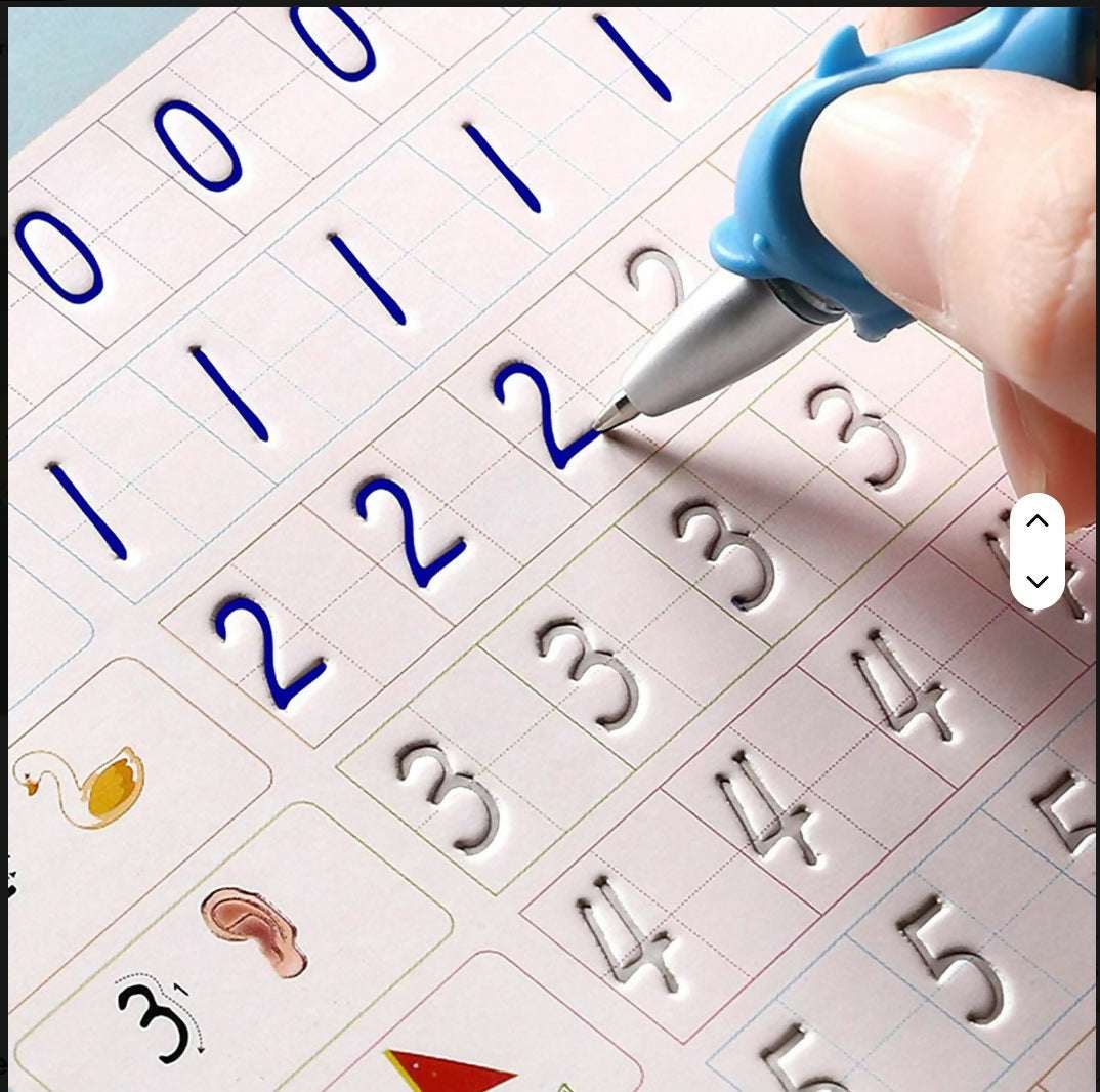 Close-up of kids’ number practice grid with pen tip marking digits