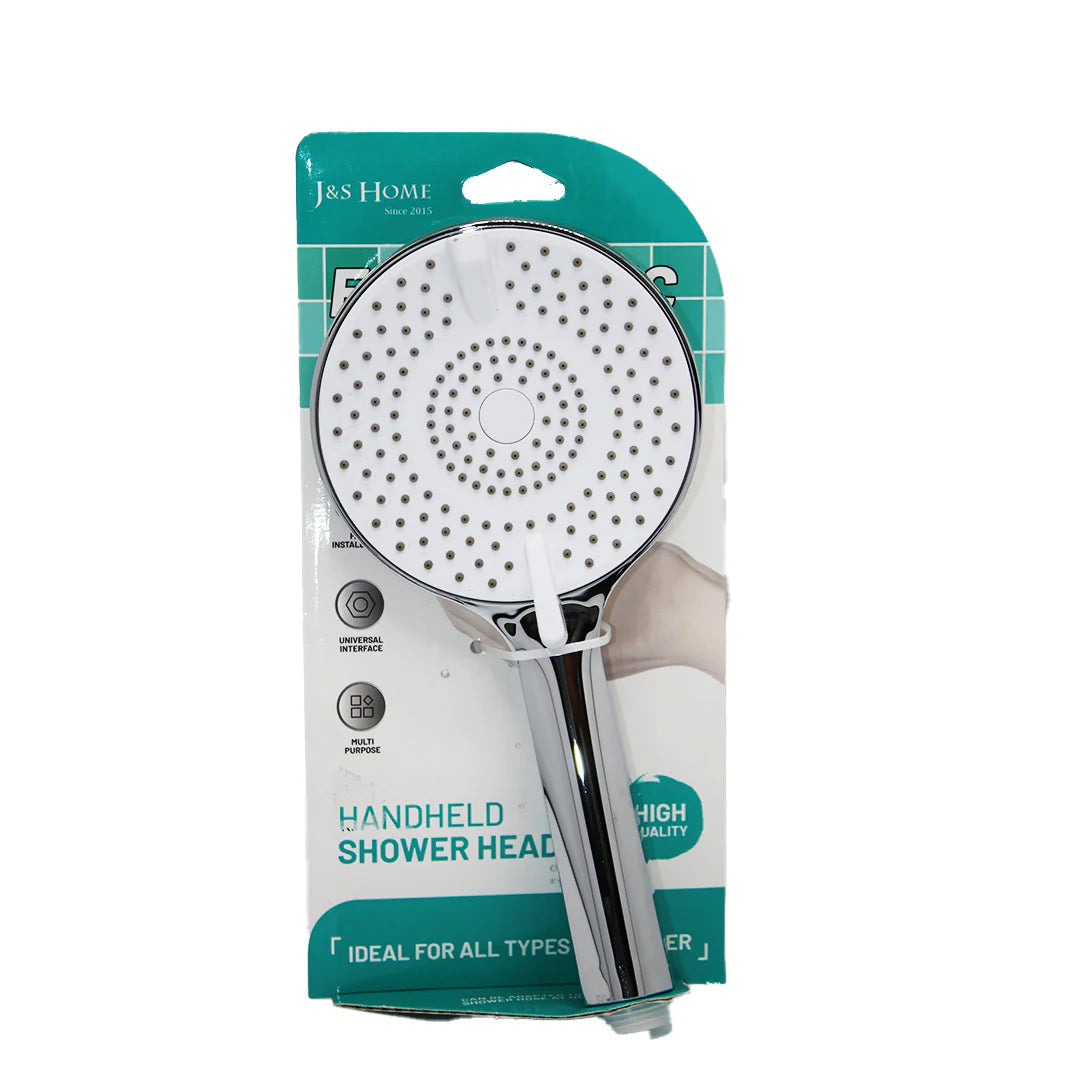 Handheld shower head with chrome handle and white spray face with round jets