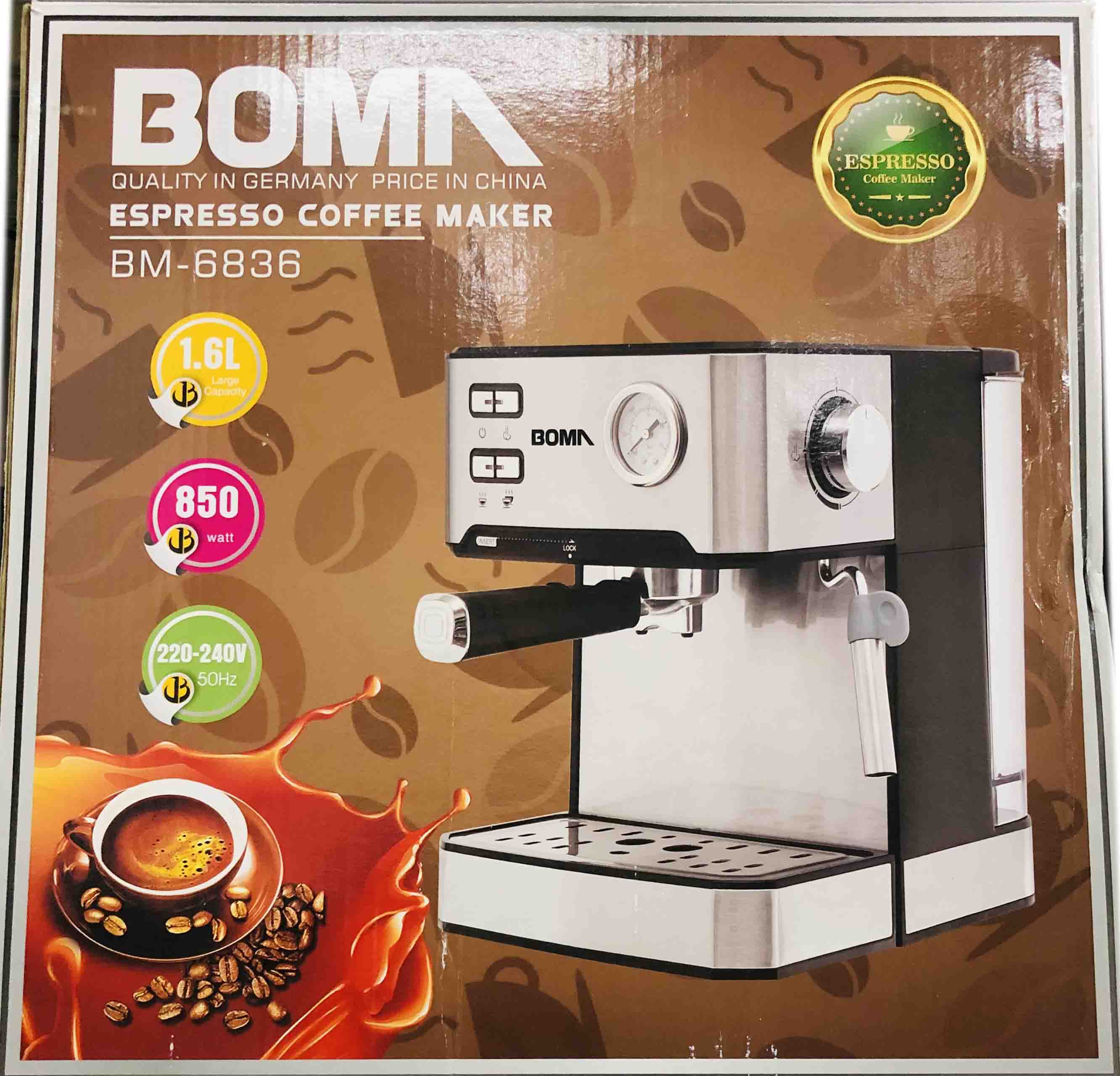 Boma stainless espresso coffee maker with portafilter and steam wand, BM-6836