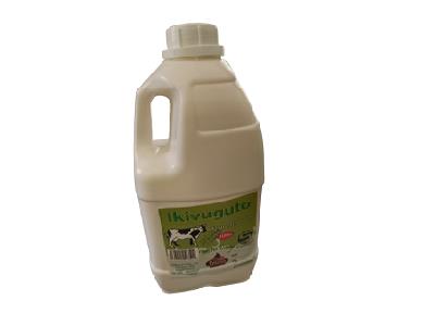 Off-white plastic jug with side handle, front label with green stripe