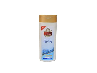 Body lotion bottle for active skin, white with gold cap and blue label, 400 ml