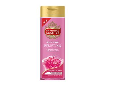 Uplifting Body Wash bottle, pink, gold cap and red accent label
