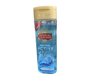 Active Body Wash bottle, blue gel, gold cap and black pump