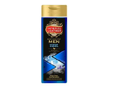 Men Intense Cool Body Wash bottle, blue, gold cap and black pump