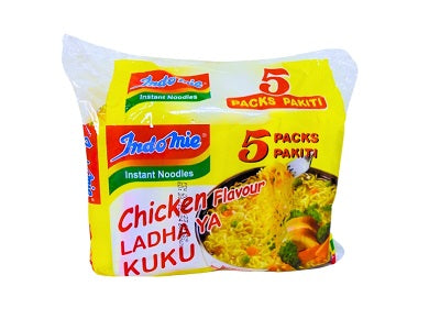 Indomie chicken instant noodles 5-pack yellow pack with red logo, sealed bundle