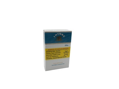 Intore cigarette pack with blue top and white sides